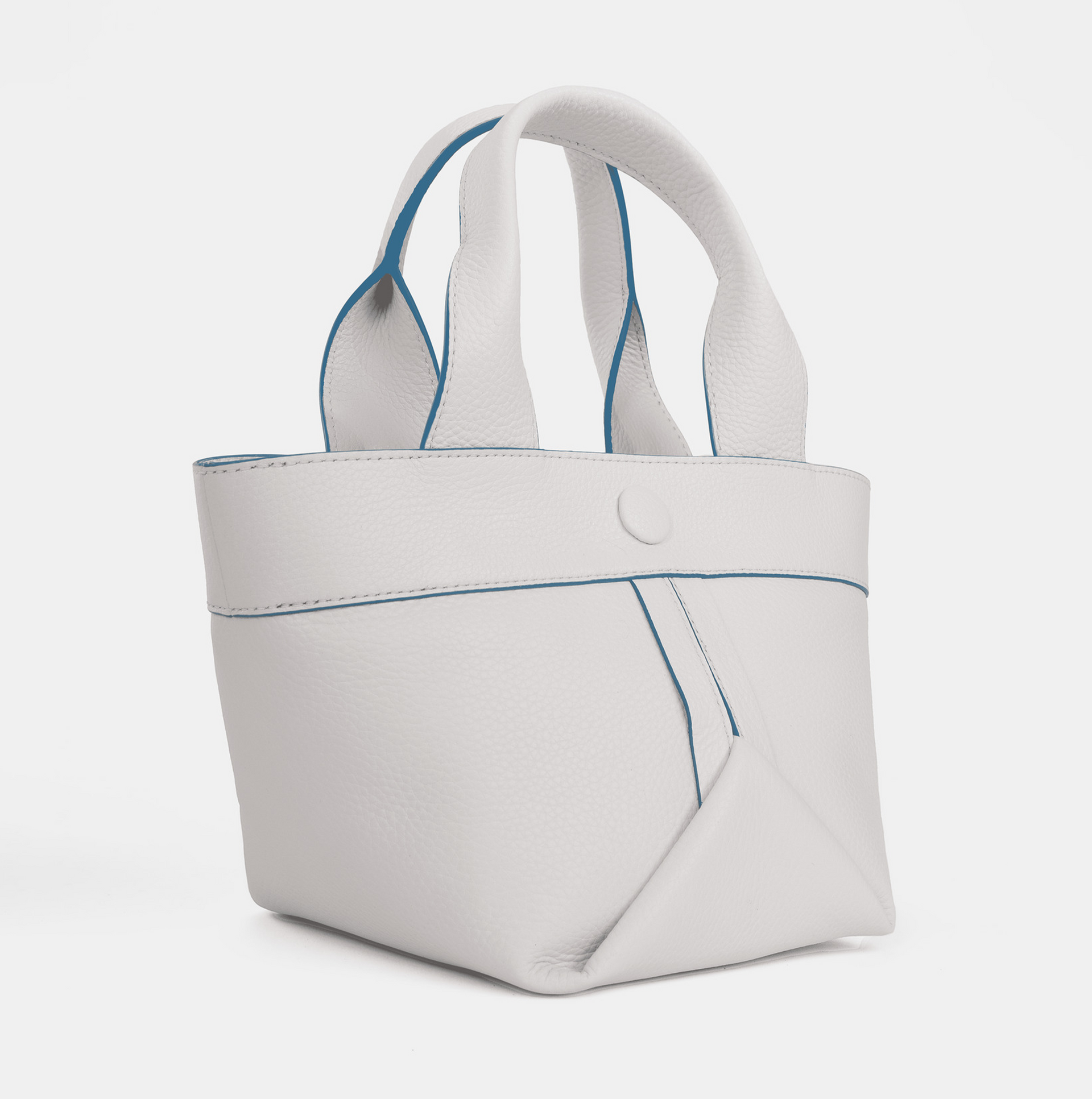 Gusset small pebble leather tote in white with cobalt blue edge paint