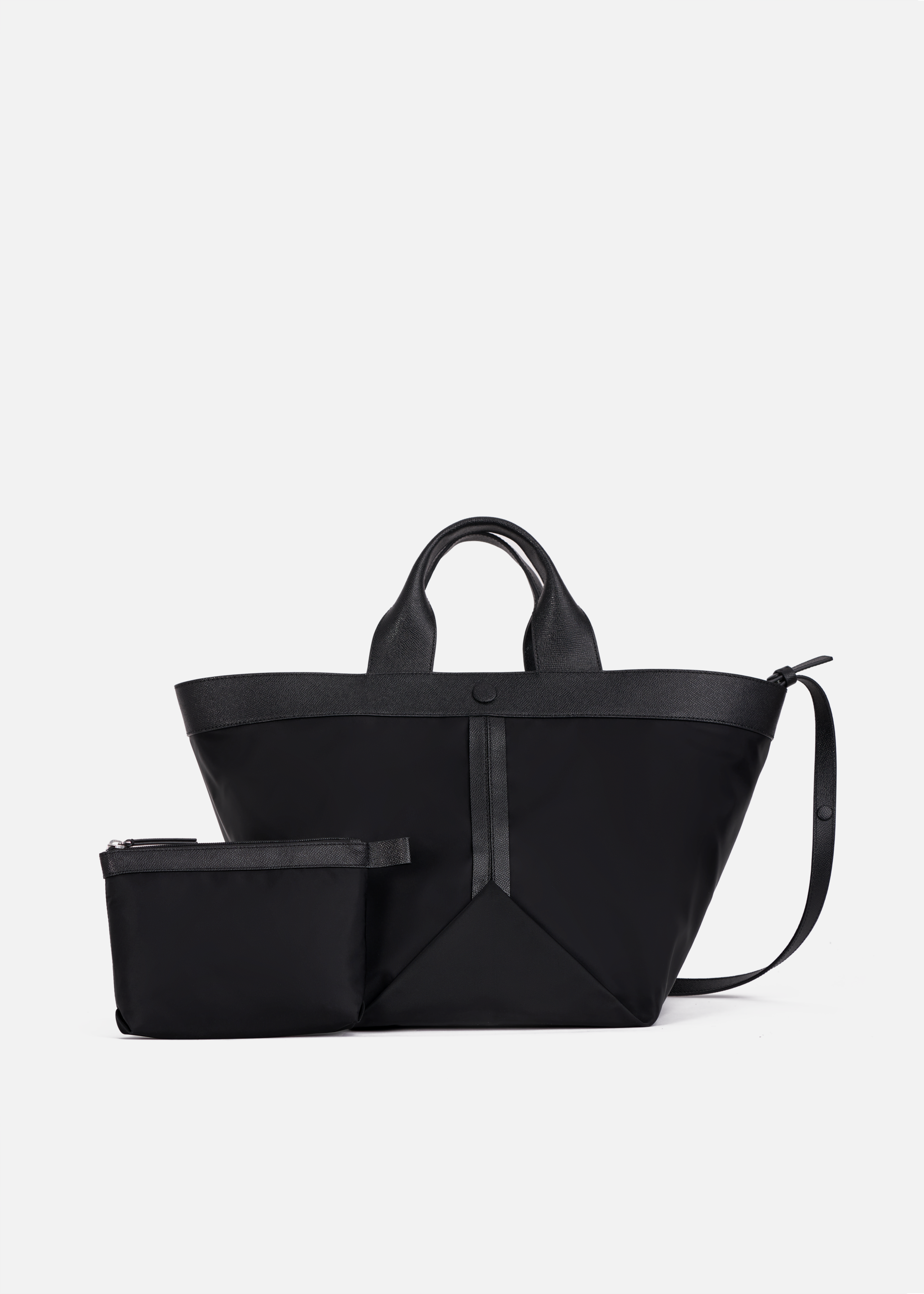 Gusset Large Nylon/Cross Grain Leather Tote in Black/Black