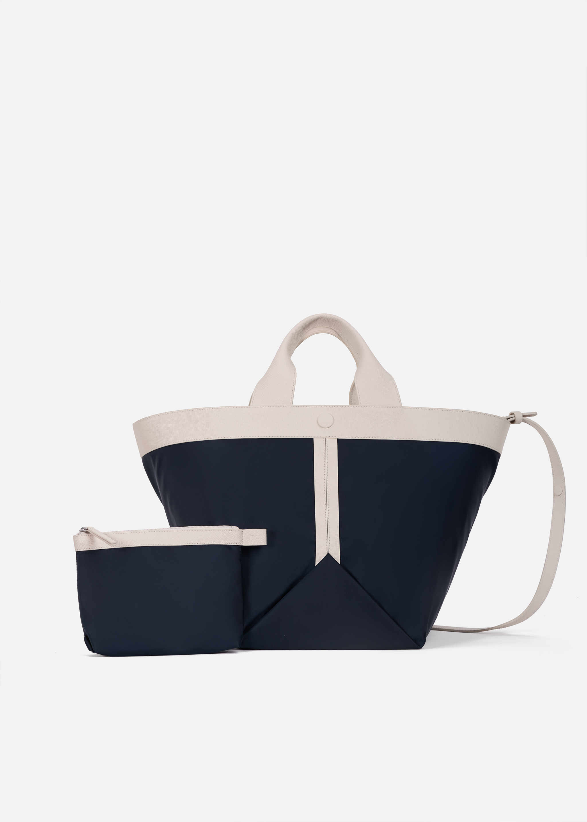 Gusset Large Nylon/Cross Grain Leather Tote in Navy/Chalk