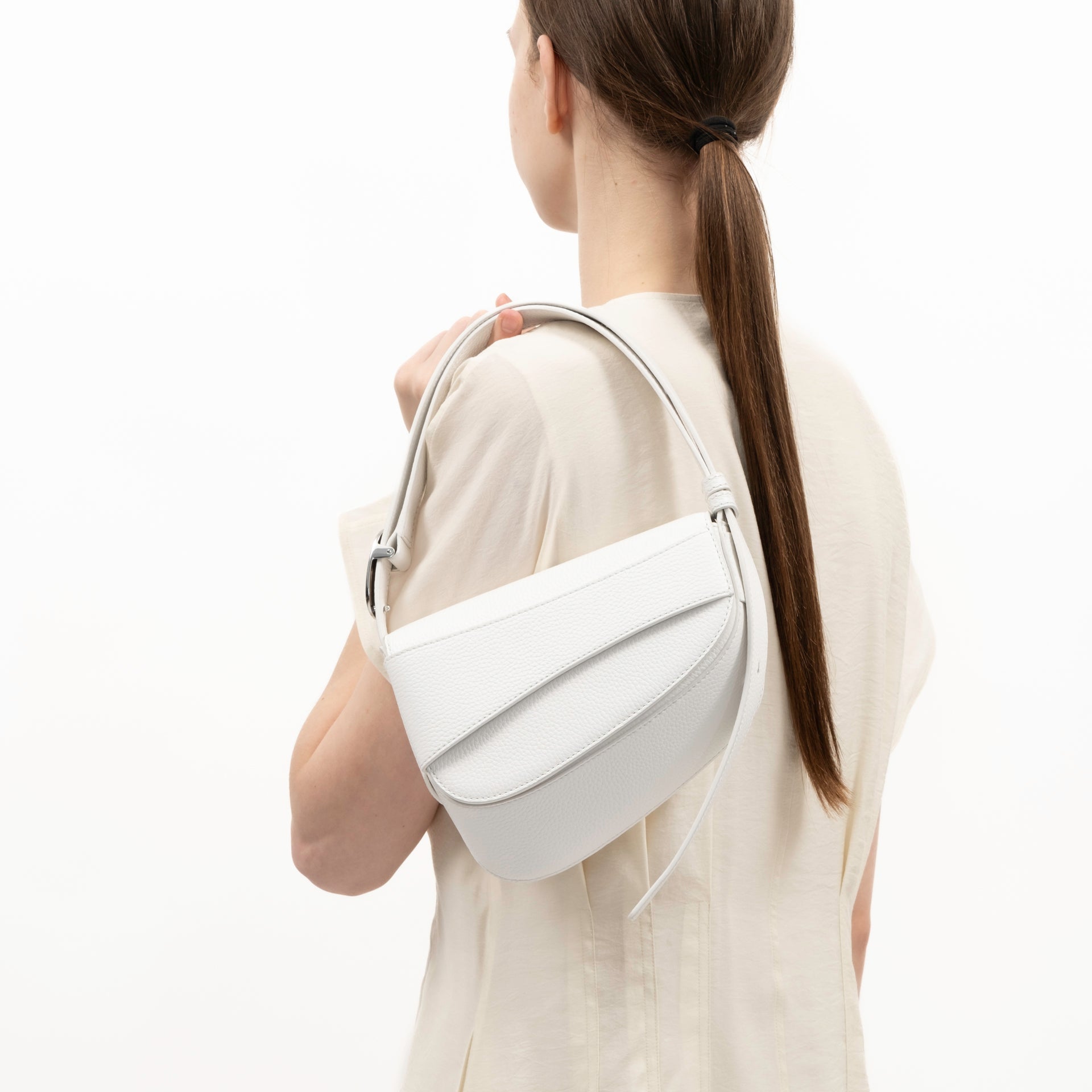 Ellipse Pebble Leather Shoulder Bag in Optic White