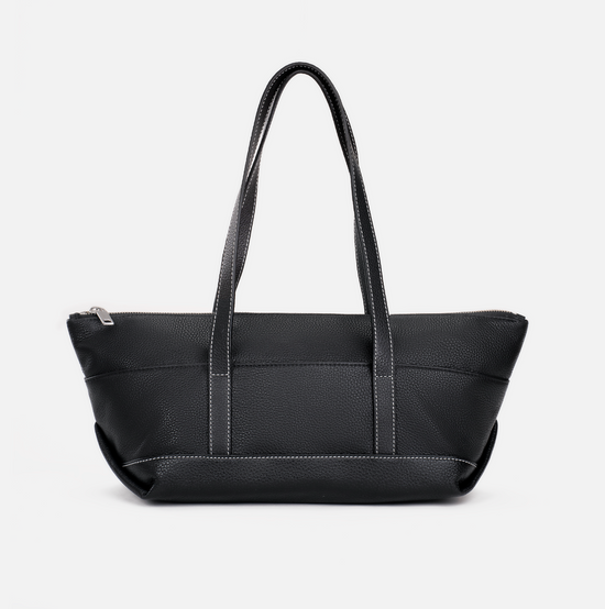 Maria pebble leather shoulder bag in black with white stitching