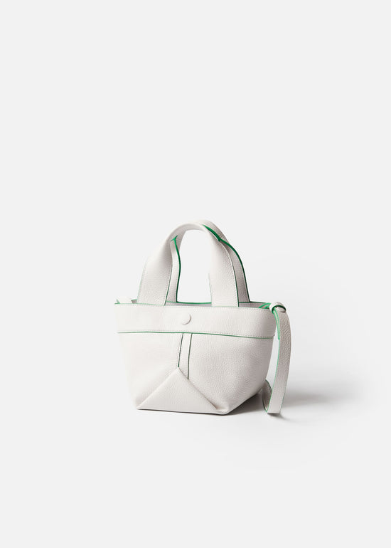 Gusset small pebble leather tote in white with green edge paint