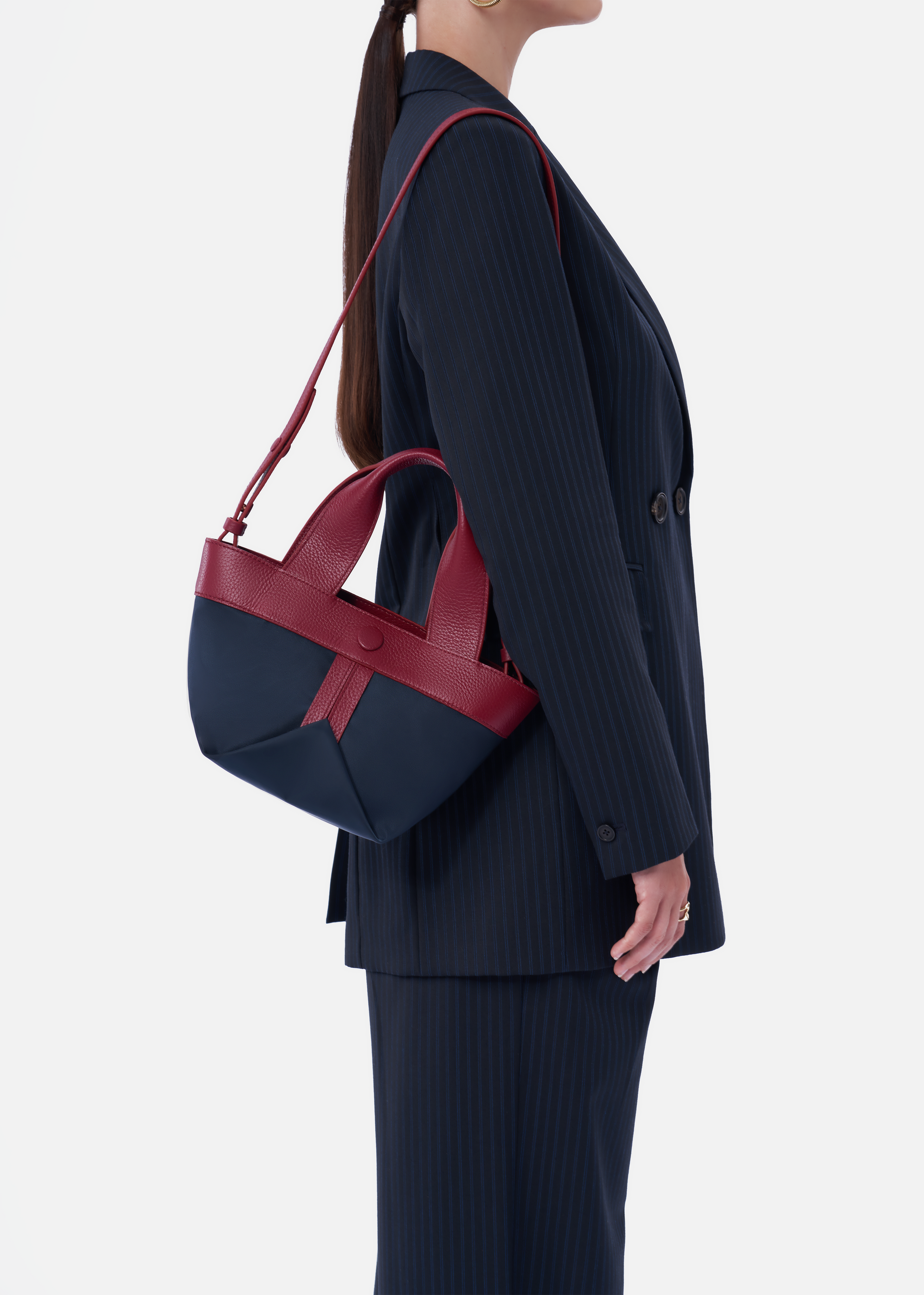 Gusset small nylon tote with pebble leather trim in navy / burgundy