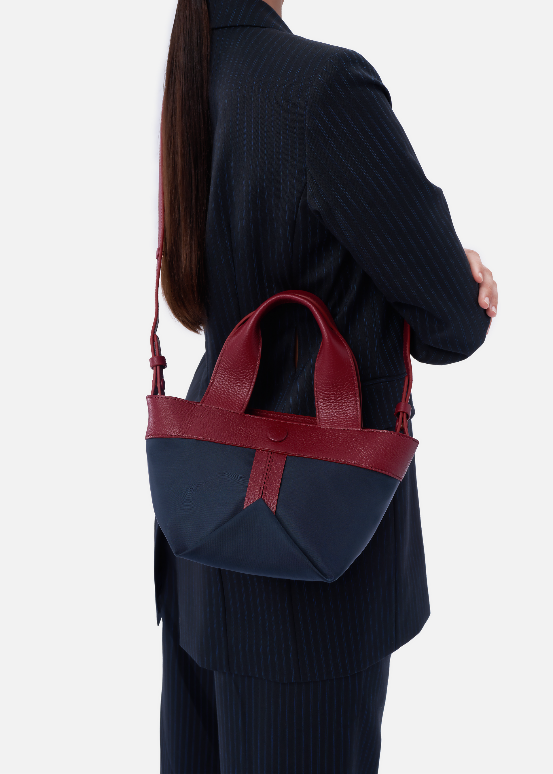 Gusset large nylon tote with pebble leather trim in navy