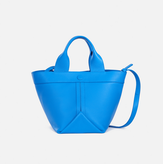 Gusset small pebble leather tote in white with cobalt blue edge paint - ro  bags