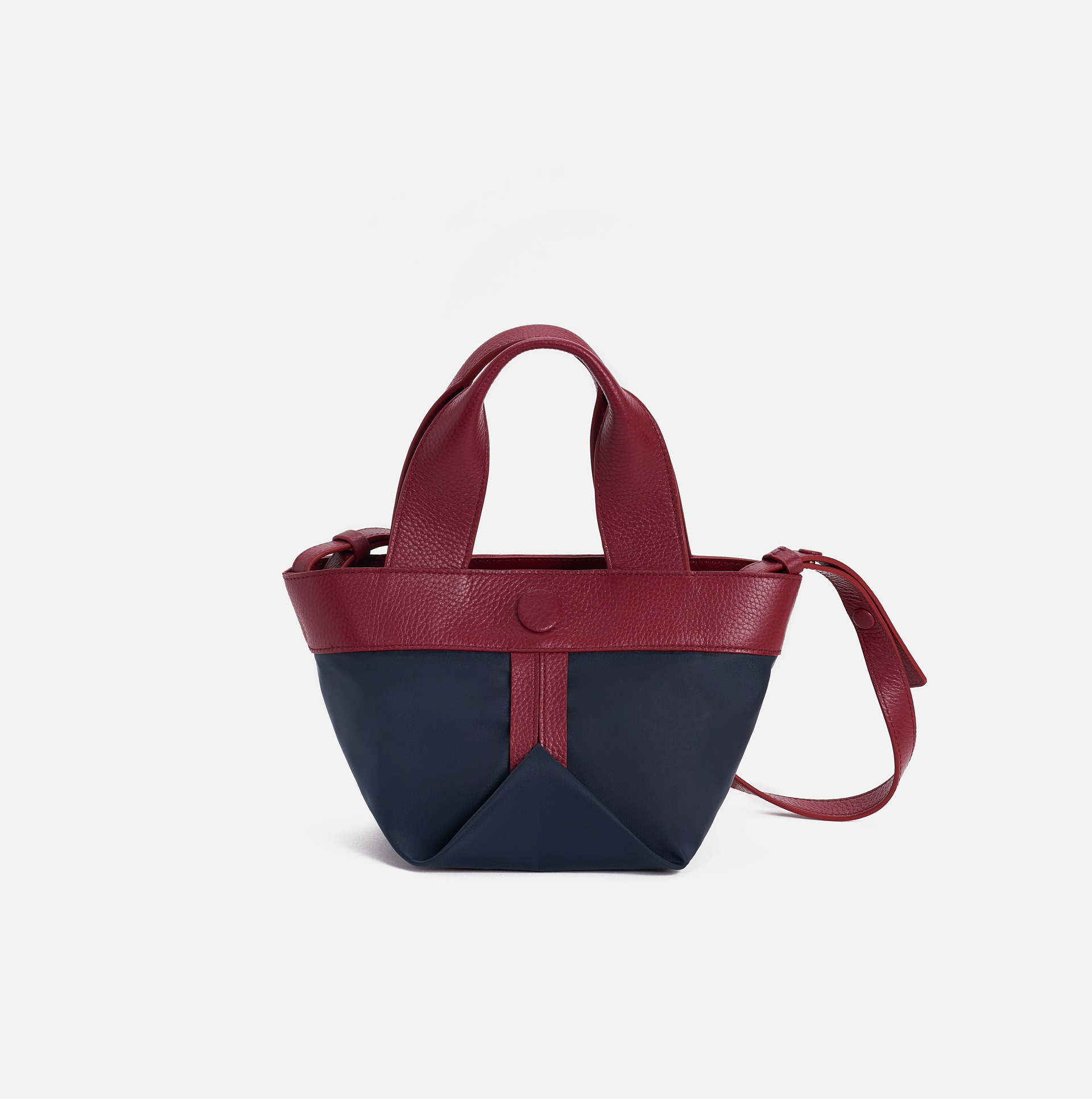 Gusset small nylon tote with pebble leather trim in navy / burgundy
