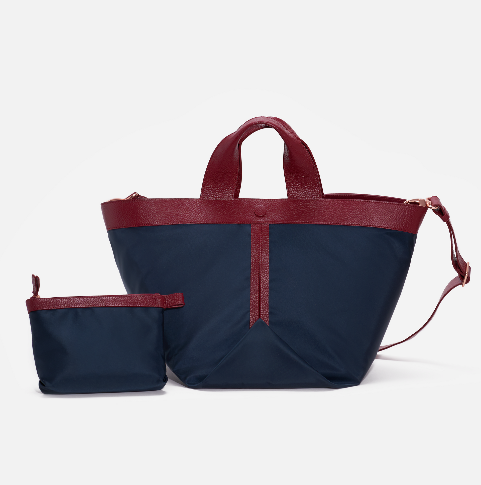 Gusset large nylon tote with pebble leather trim in navy / burgundy