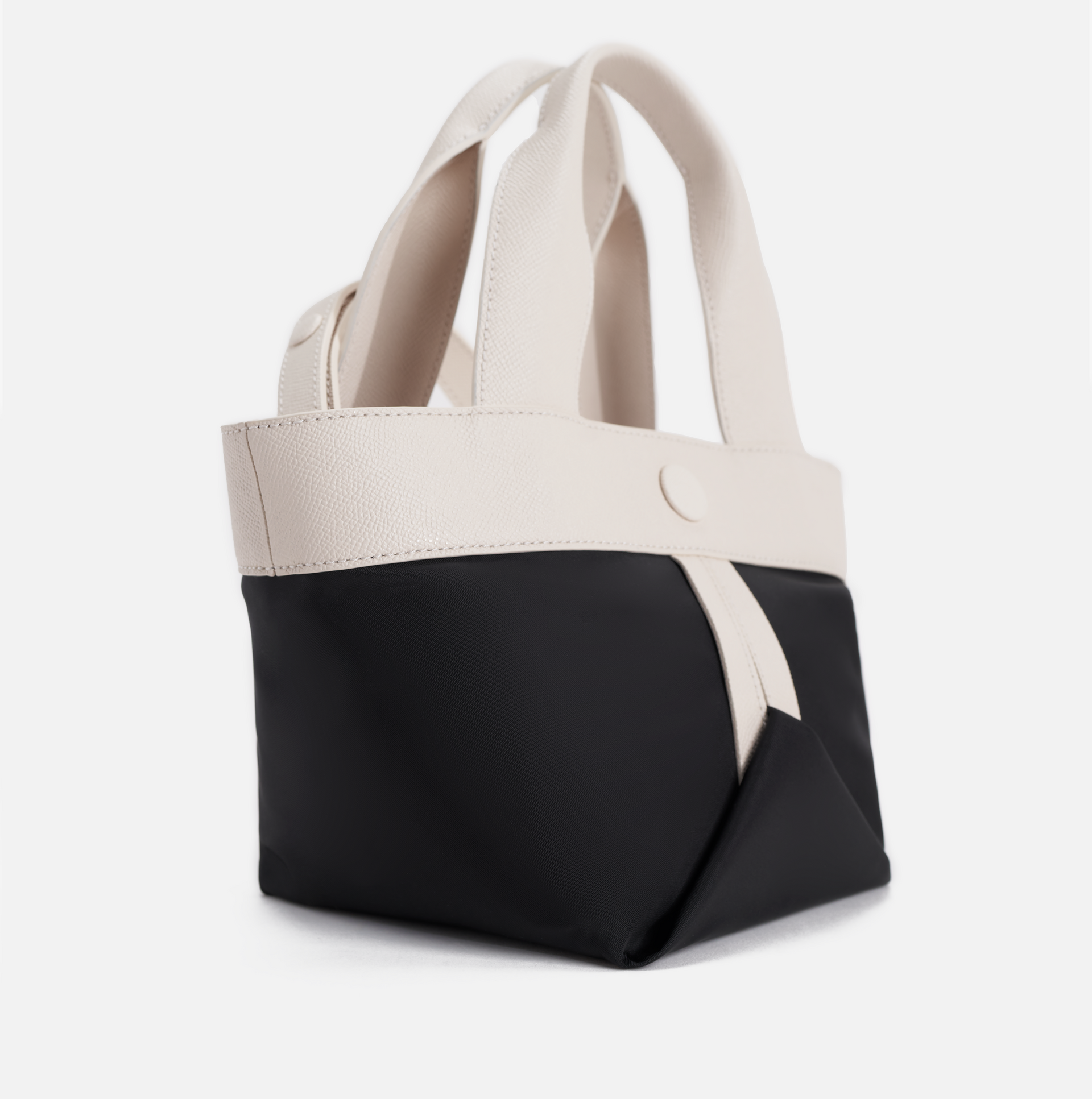Gusset small nylon tote with cross grain leather trim in black / chalk