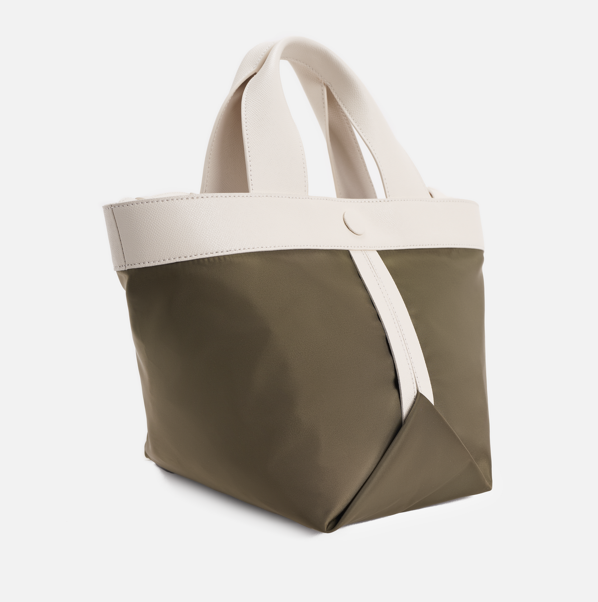 Gusset medium nylon tote with cross grain leather trim in olive